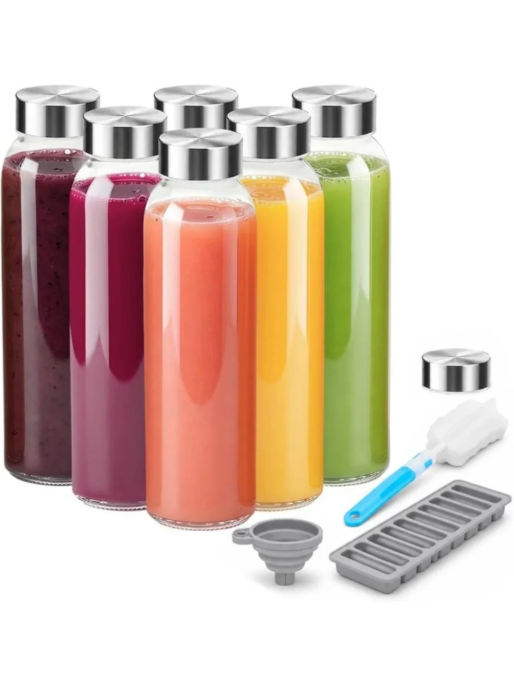 Reusable Glass Juice Bottles 18 oz - Leak Proof, Airtight Lids, BPA Free, Set of